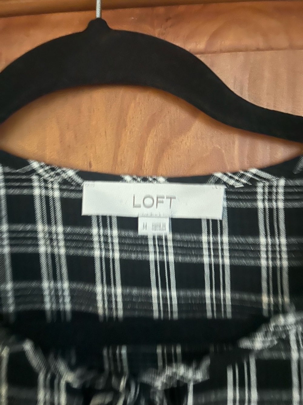 LOFT Black and White Plaid Ruffle Tie-Neck Blouse - Picture 3 of 3